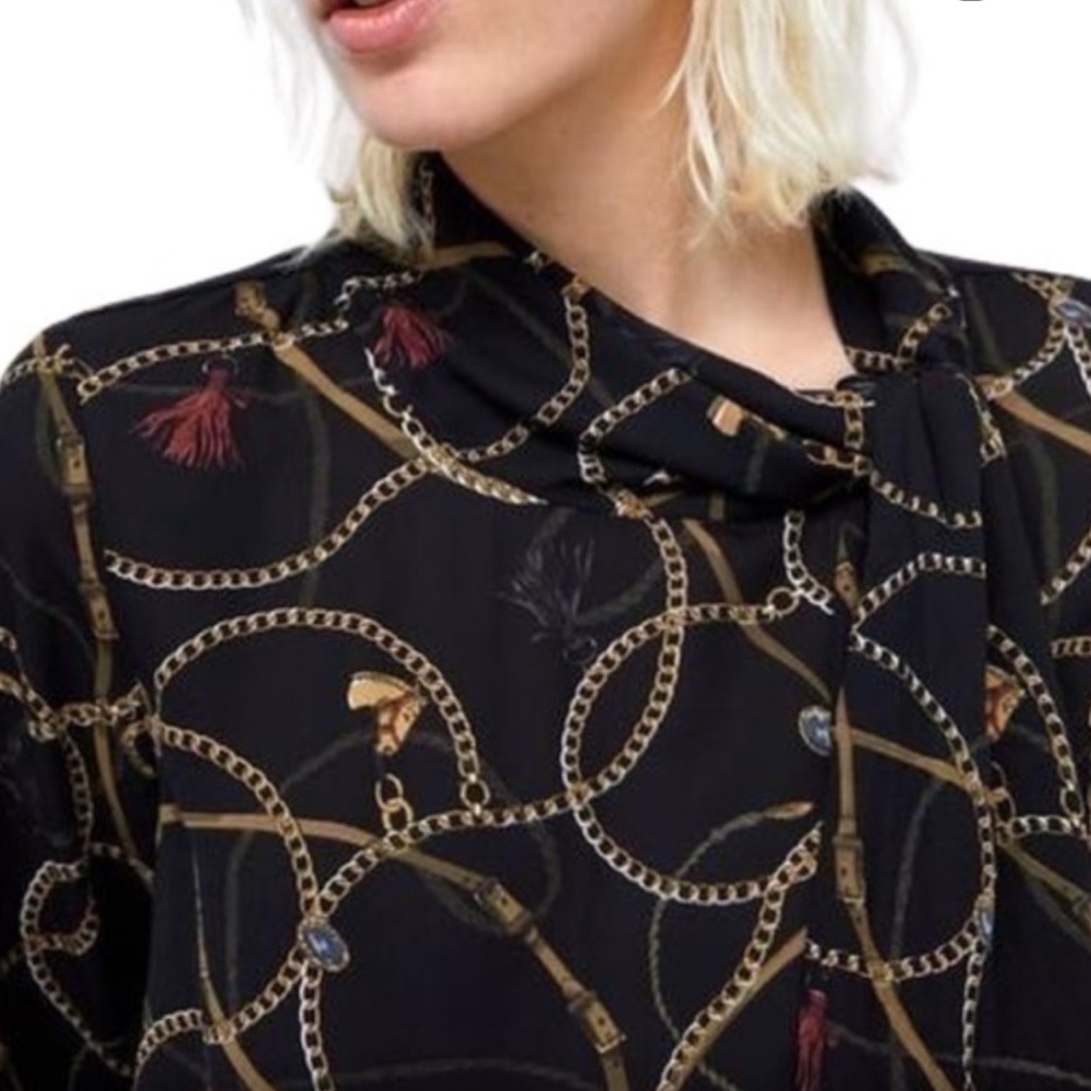 Zara Chain Tassel Horse & Jewel Pattern Tie Neck Tunic XL - Picture 3 of 11